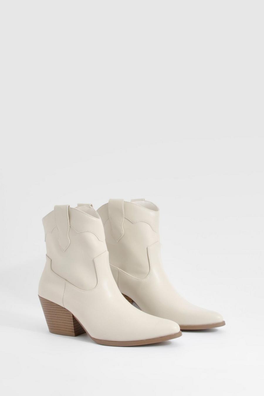 Cream Tab Detail Low Ankle Cowboy Western Boots