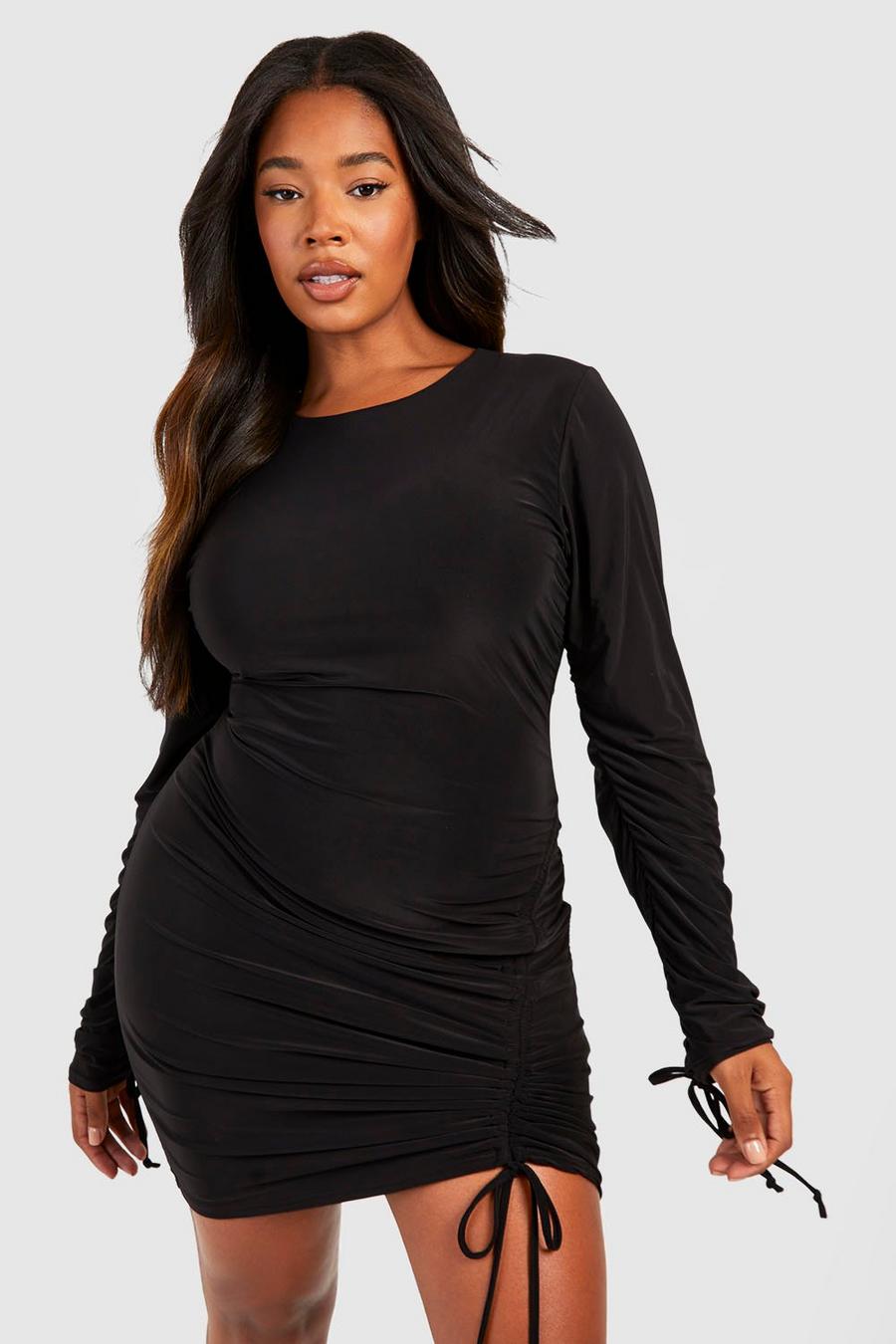 Black Plus Double Slinky Ruched Sleeve Detail Bodycon Dress