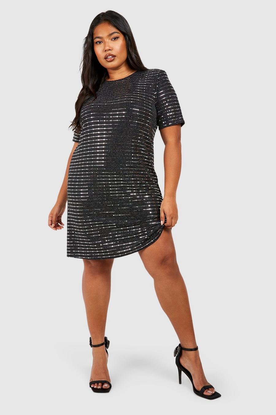 Plus Metallic T-Shirt-Kleid mit Schulterpolstern, Charcoal