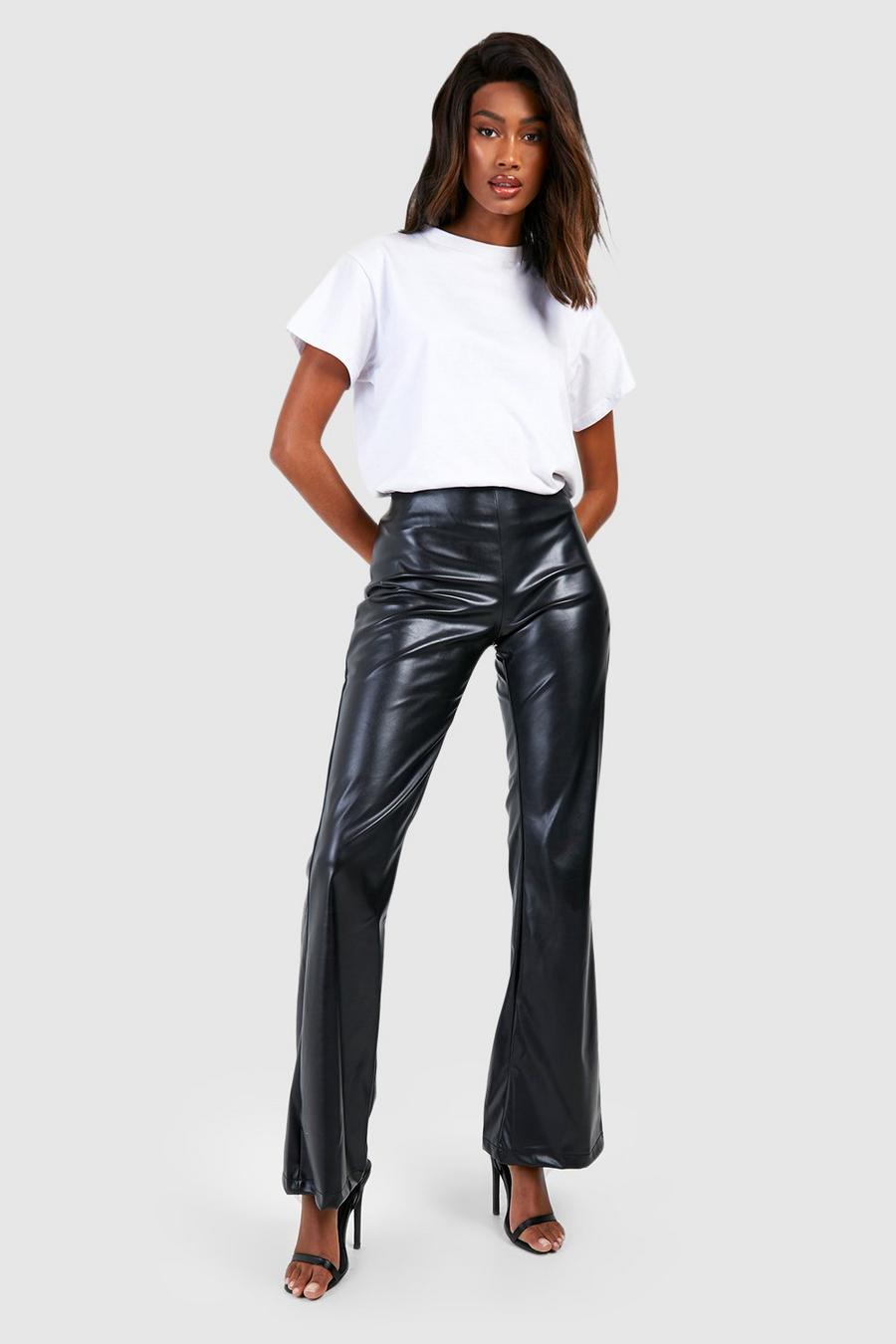 Black High Waisted Matte Faux Leather Flared Pants image number 1