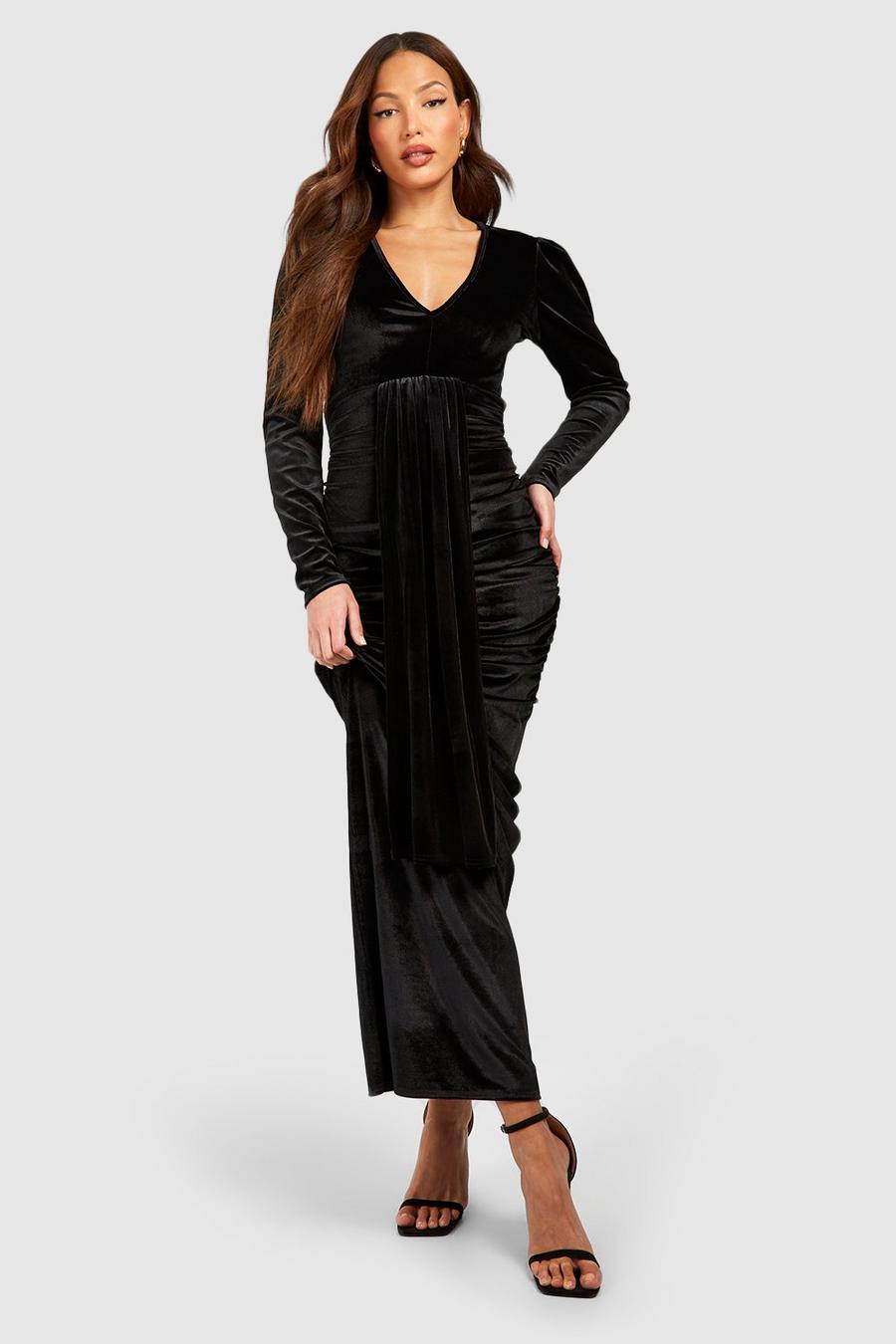 Tall - Robe longue drapée en velours, Black image number 1