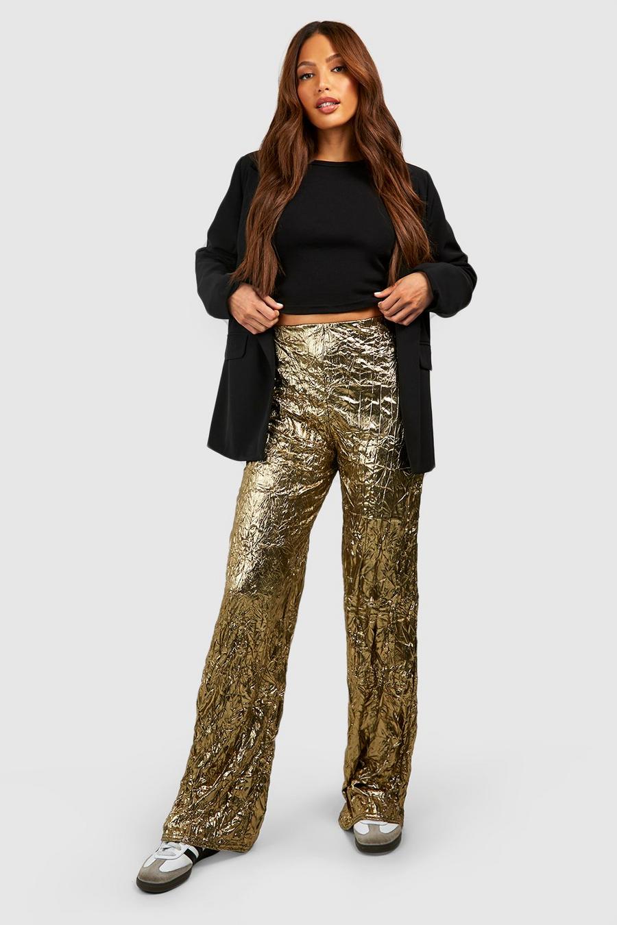Pantaloni dritti Tall metallizzati a effetto stropicciato, Gold