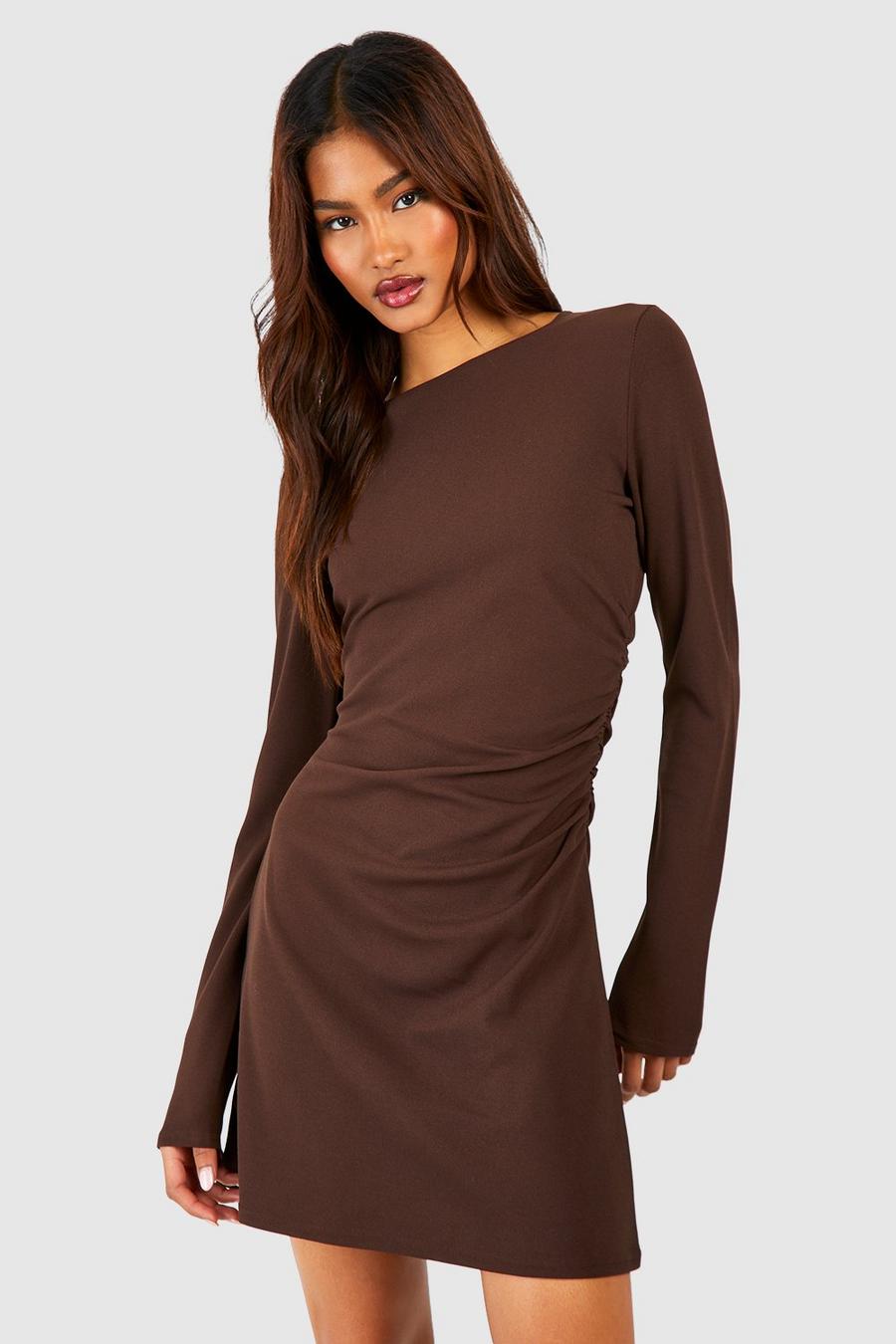 Chocolate brown Tall Gathered Side Longlseeve Mini Dress