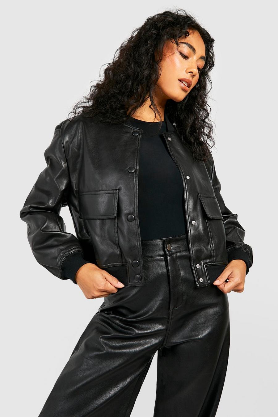 Black Pocket Detail Faux Leather Bomber Jacket