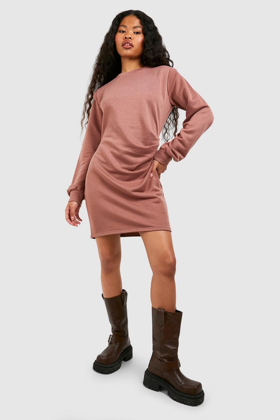 Chocolate Petite Shoulder Detail Ruched Sweater Dress