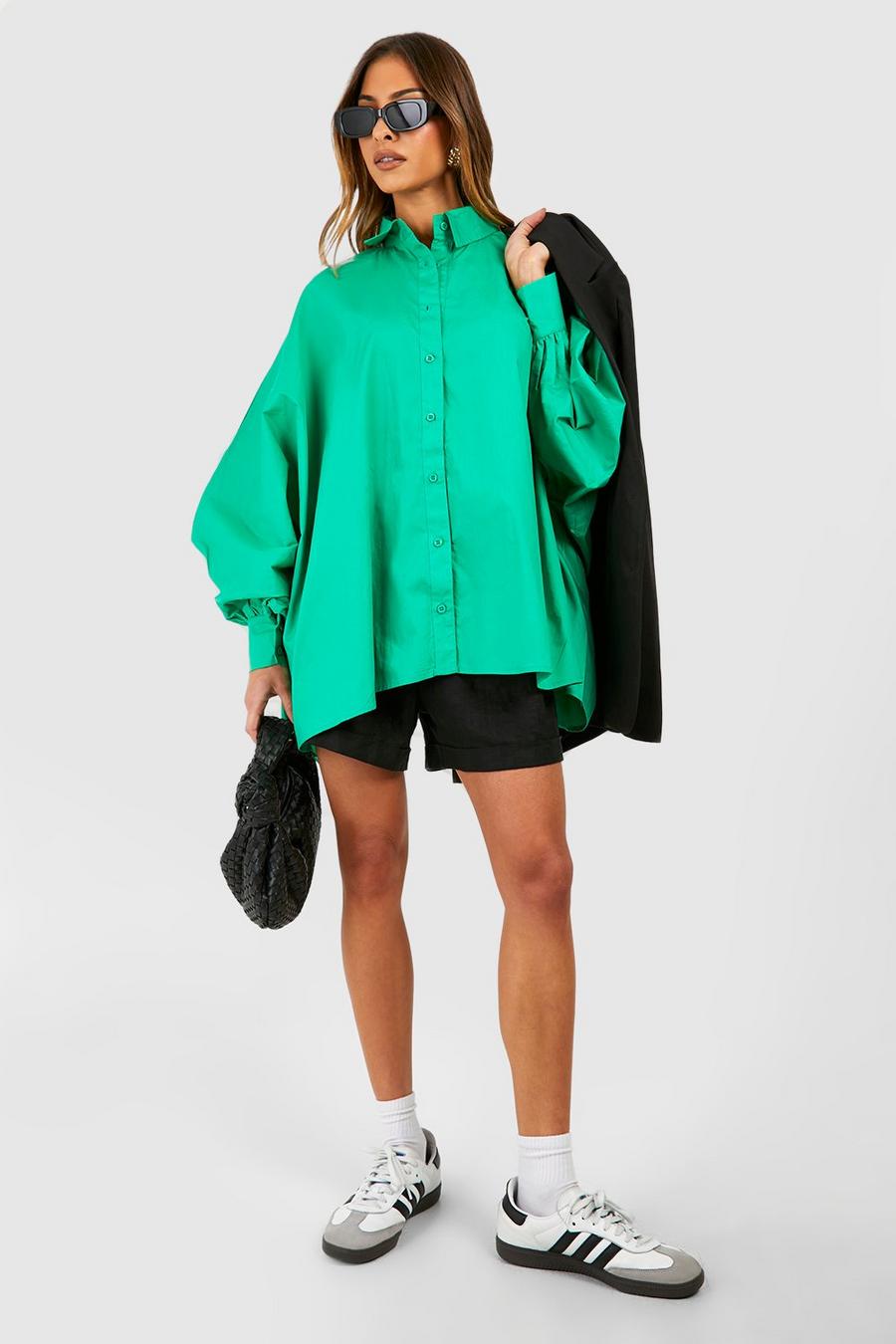 Camisa oversize de algodón popelina con mangas bombachas, Green