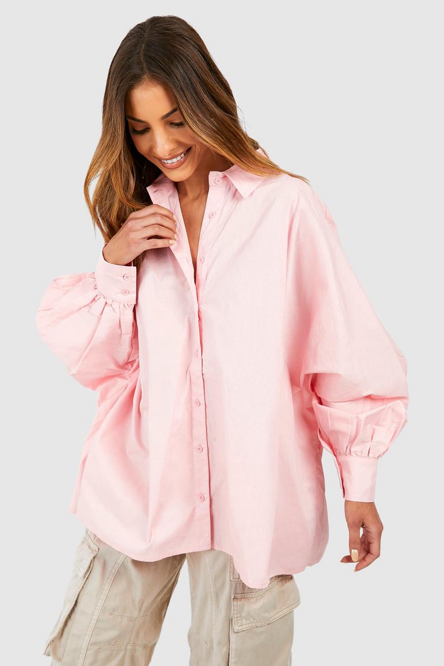 Camisa oversize de algodón popelina con mangas bombachas, Pink