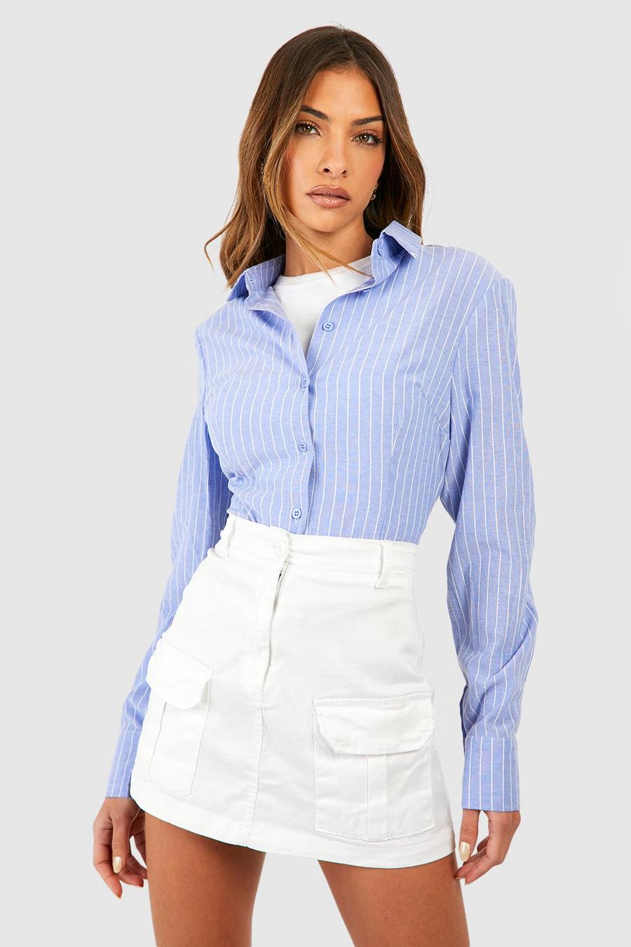 Blue Shoulder Pad Cinched Waist Striped Shirt 