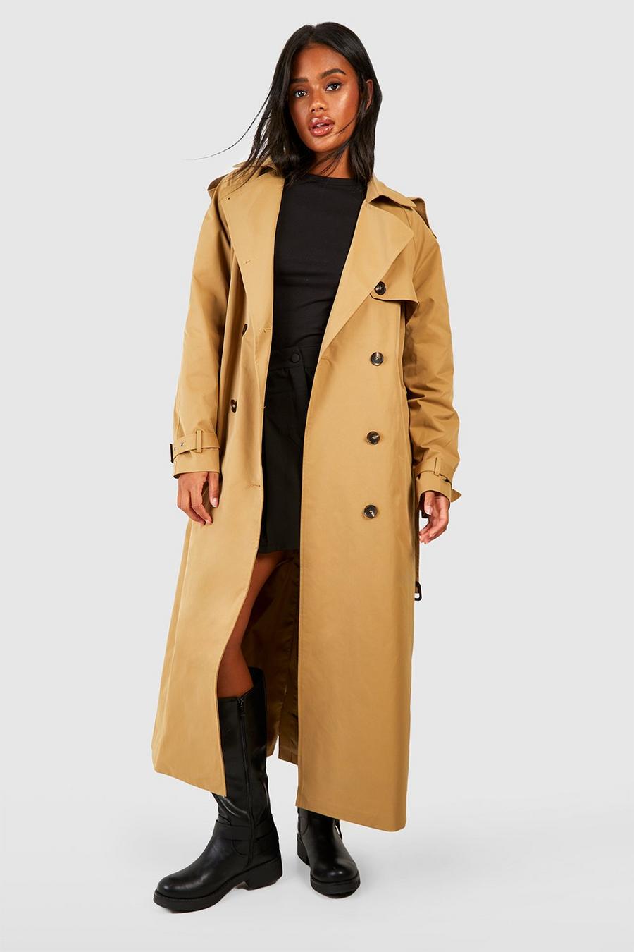 Camel Oversized Shoulder Pad Belted Maxi Trench
