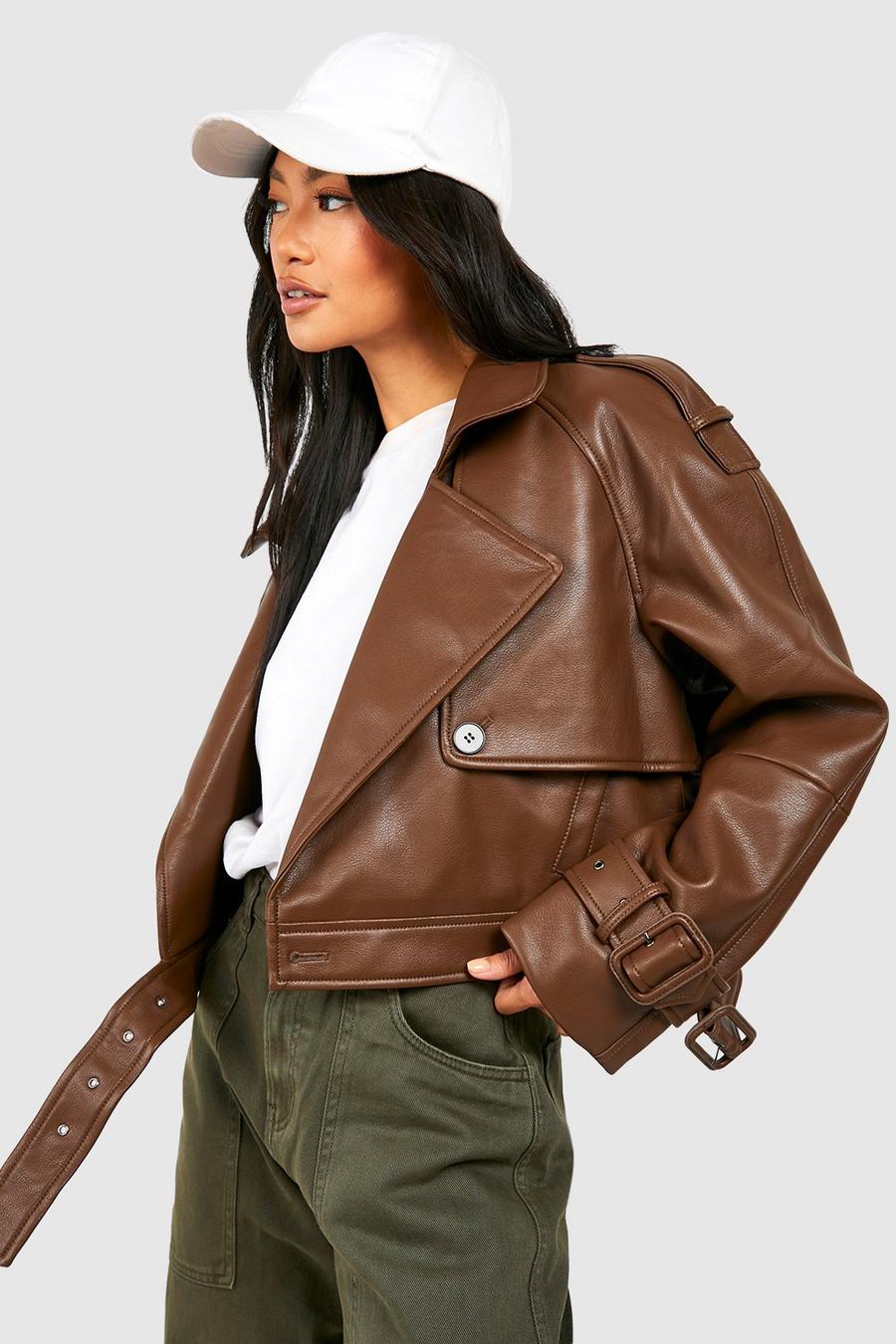 Chocolate Cropped Faux Leather Biker Trench Coat  image number 1