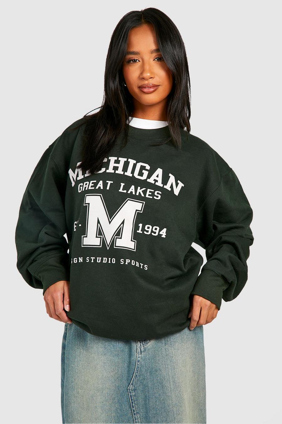 Forest Petite Michigan Slogan Varisty Printed Oversized Sweatshirt