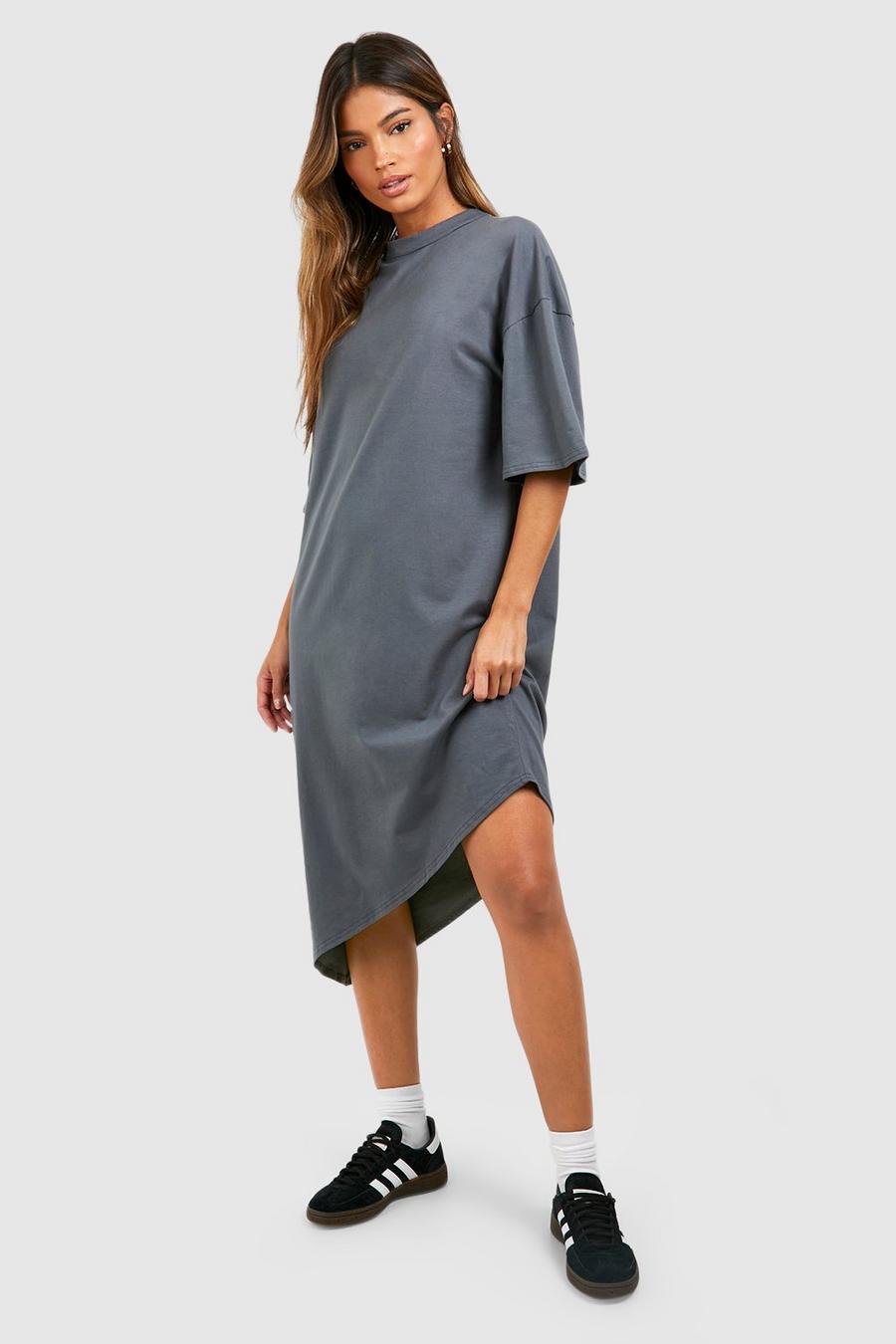 Charcoal Assymetric Hem Cotton Midi T-Shirt Dress