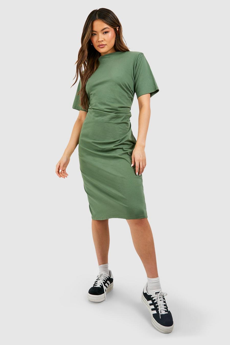 Green Wrap Ruching Cotton Midi Shoulder Pad T-shirt Dress