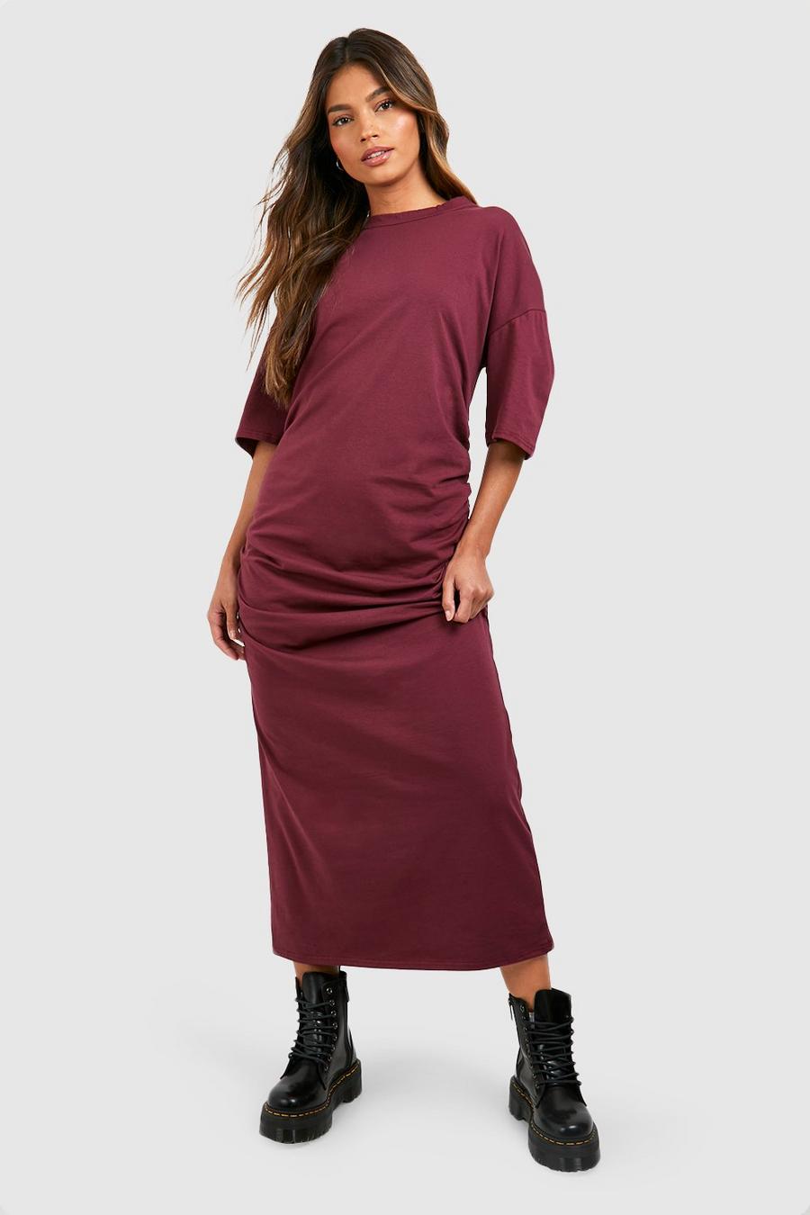 Gerafftes Oversize T-Shirt-Kleid aus Baumwolle, Berry