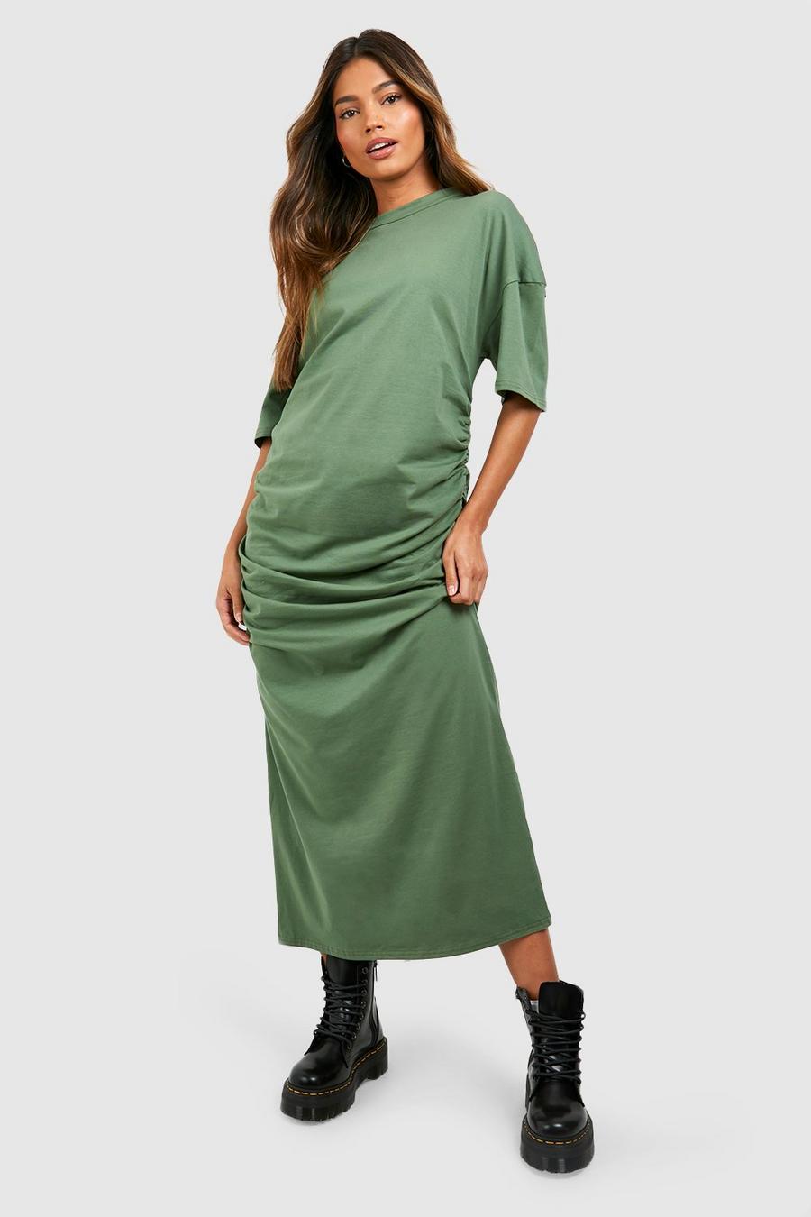 Green Oversized Ruching Cotton Midi T-Shirt Dress