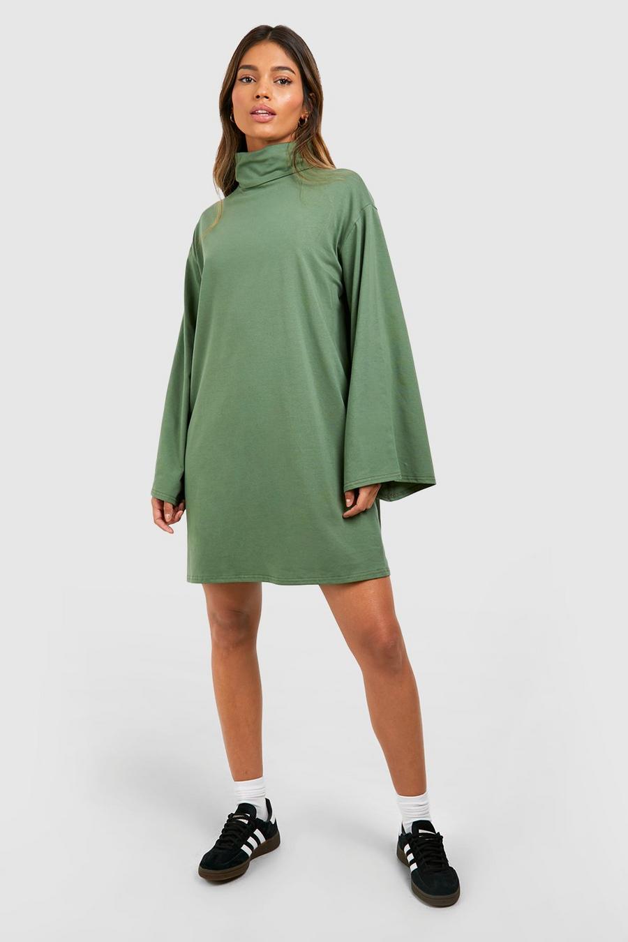 Green Roll Neck Flare Sleeve Cotton T-shirt Dress