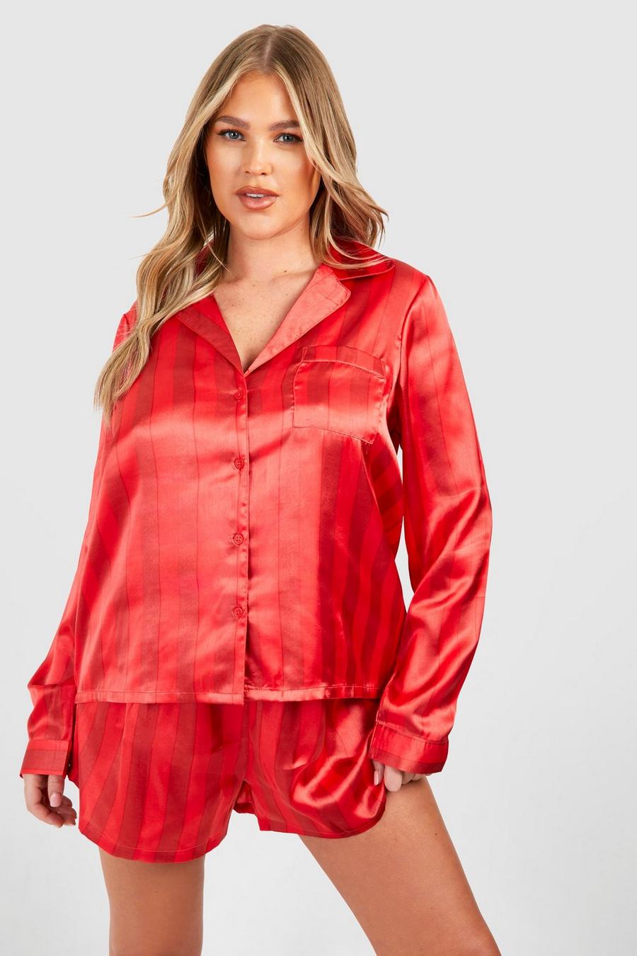 Set pigiama Plus Size in raso a righe con maniche lunghe & pantaloncini, Red