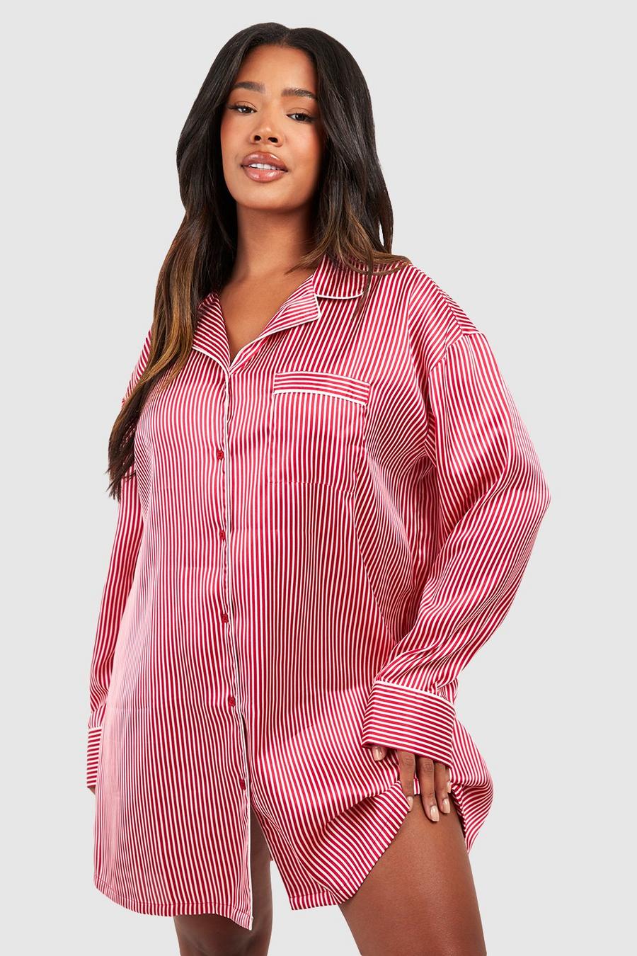 Camicia da notte Plus Size oversize a righe con pigiama, Red