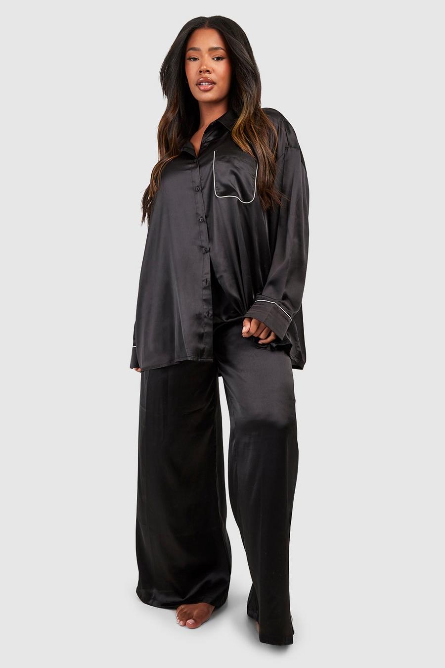 Set pigiama Plus Size oversize con cordoncino e pantaloni lunghi, Black