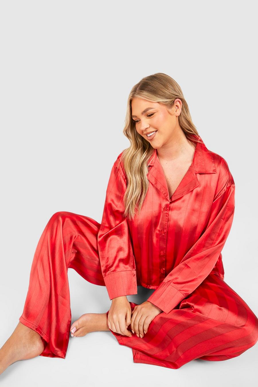 Grande taille - Ensemble de pyjama oversize court à rayures, Red