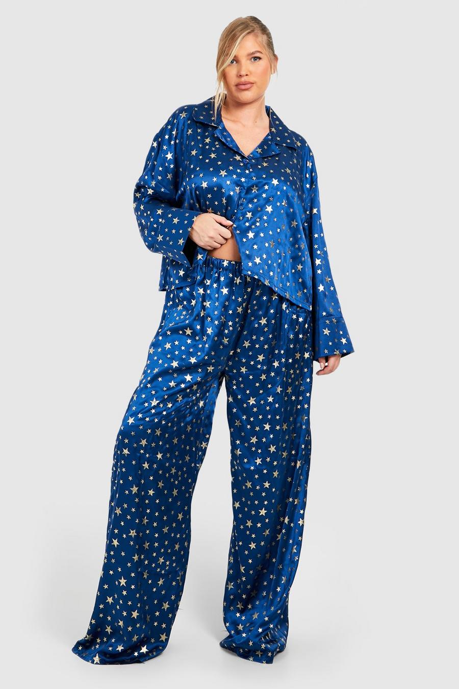 Set pigiama Plus Size oversize corto metallizzato con pantaloni lunghi, Navy