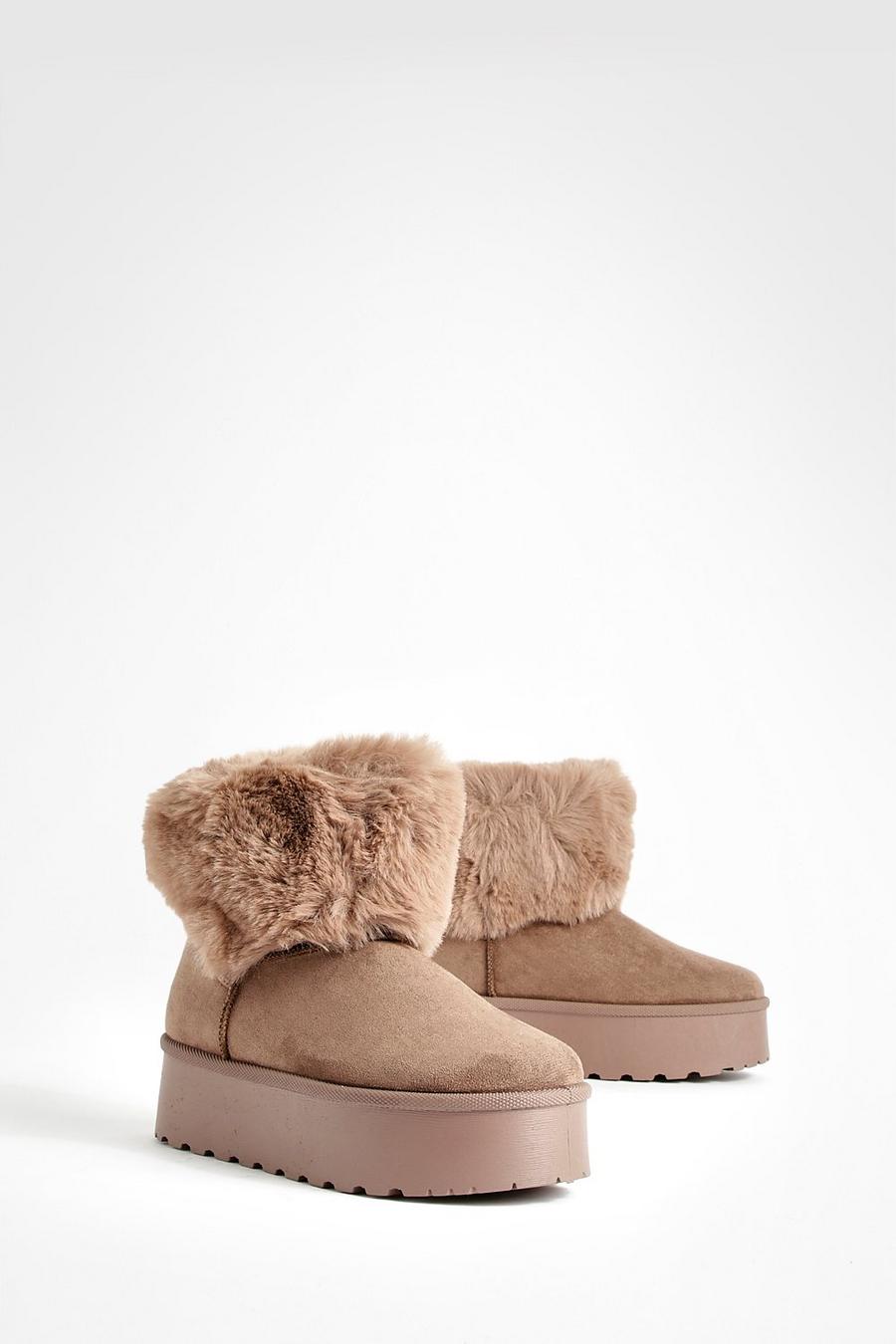 Taupe Fur Lined Platform Cosy Boots  image number 1