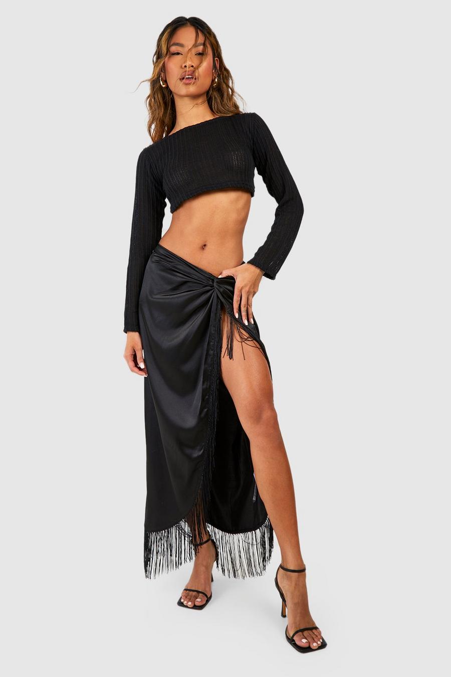 Black Tassel Hem Wrap Satin Midi Skirt image number 1