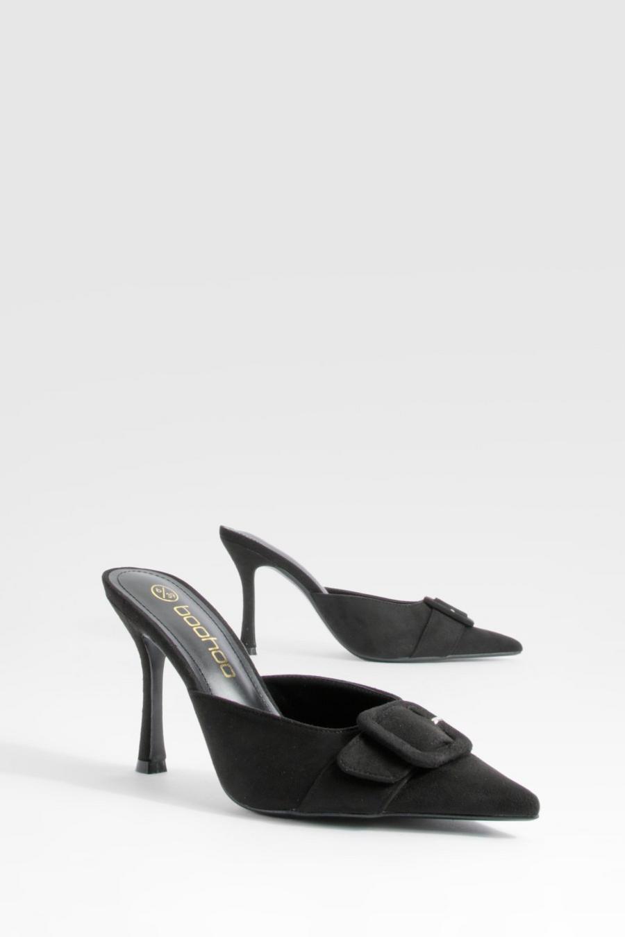 Black Covered Buckle Mule Court Shoes