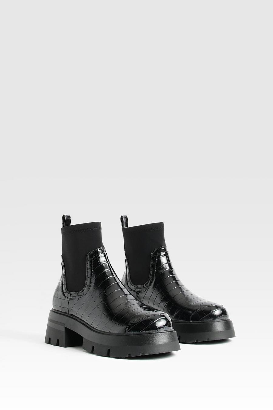 Black Wide Fit Neoprene Panel Croc Chelsea Boots image number 1