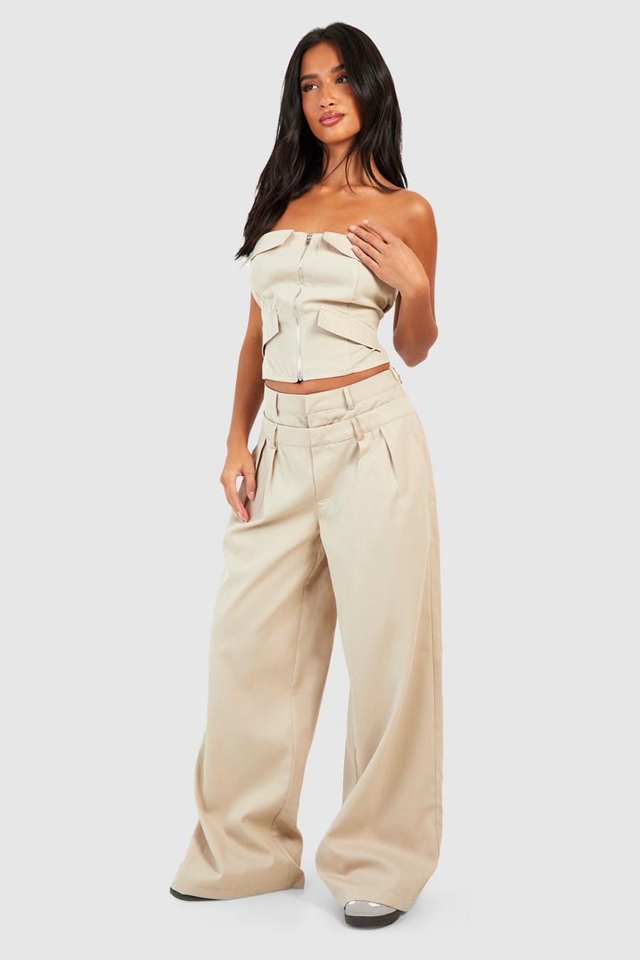 Stone Petite Getailleerde Wide Leg Broek Met Dubbele Tailleband