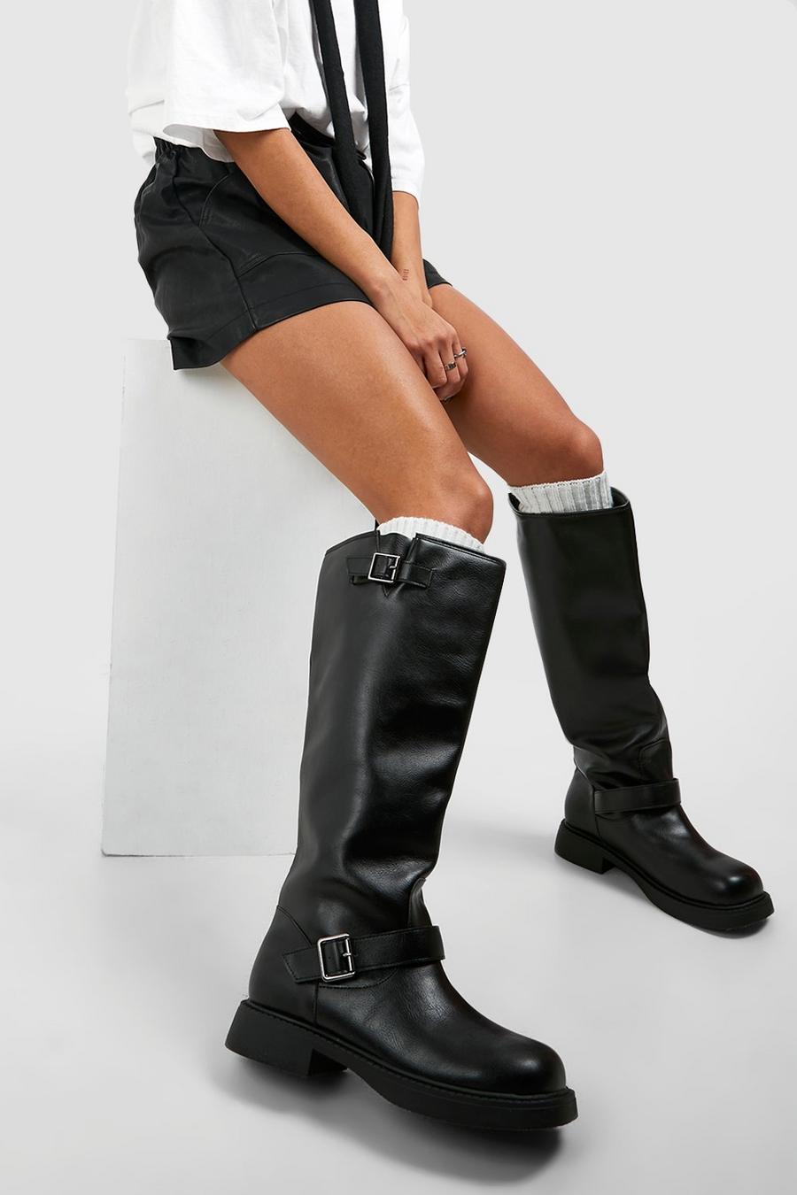 Black Wide Fit Double Buckle Chunky Knee High Biker Boots