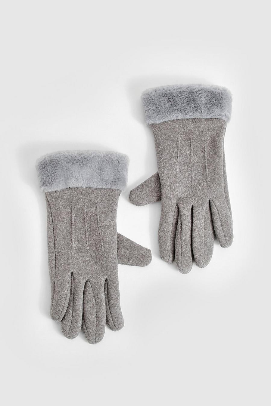 Grey Faux Fur Trim Gloves 