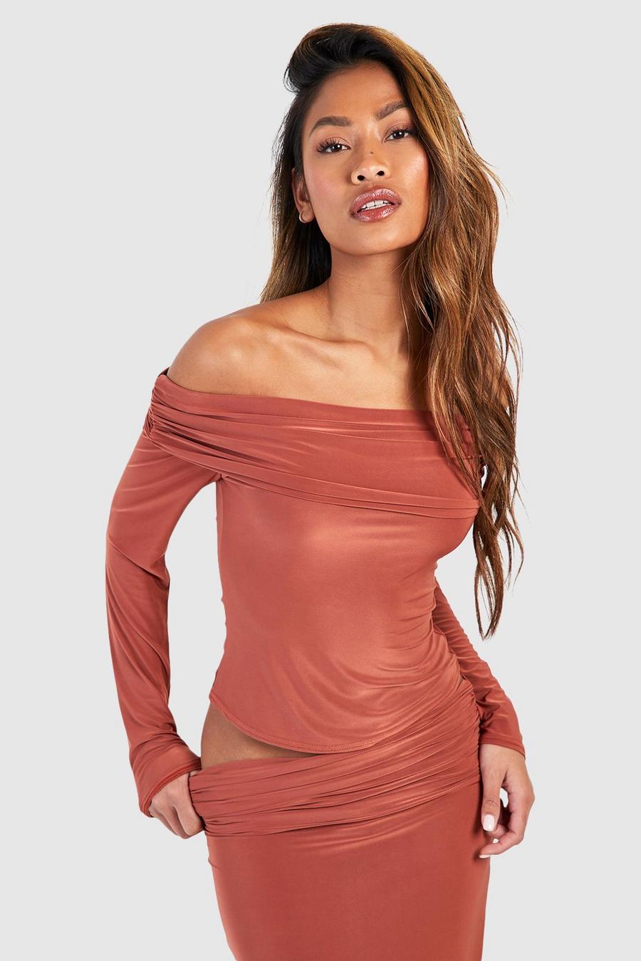 Terracotta Ruched Draped Off The Shoulder Top