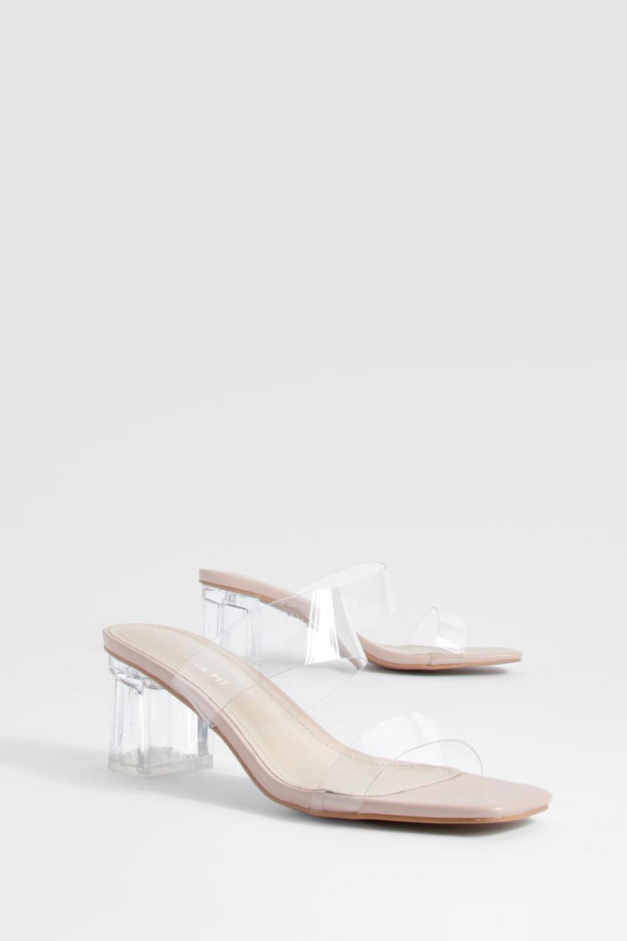 Nude Wide Fit Clear Double Strap Low Block Heeled Mules