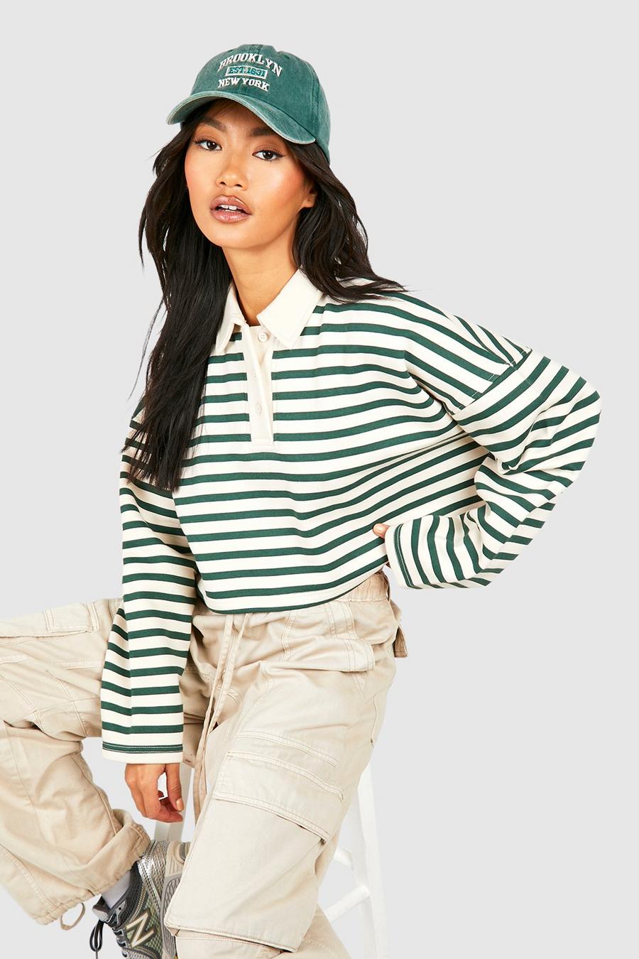 Ecru Striped Long Sleeve Collared Cropped Shirt  image number 1