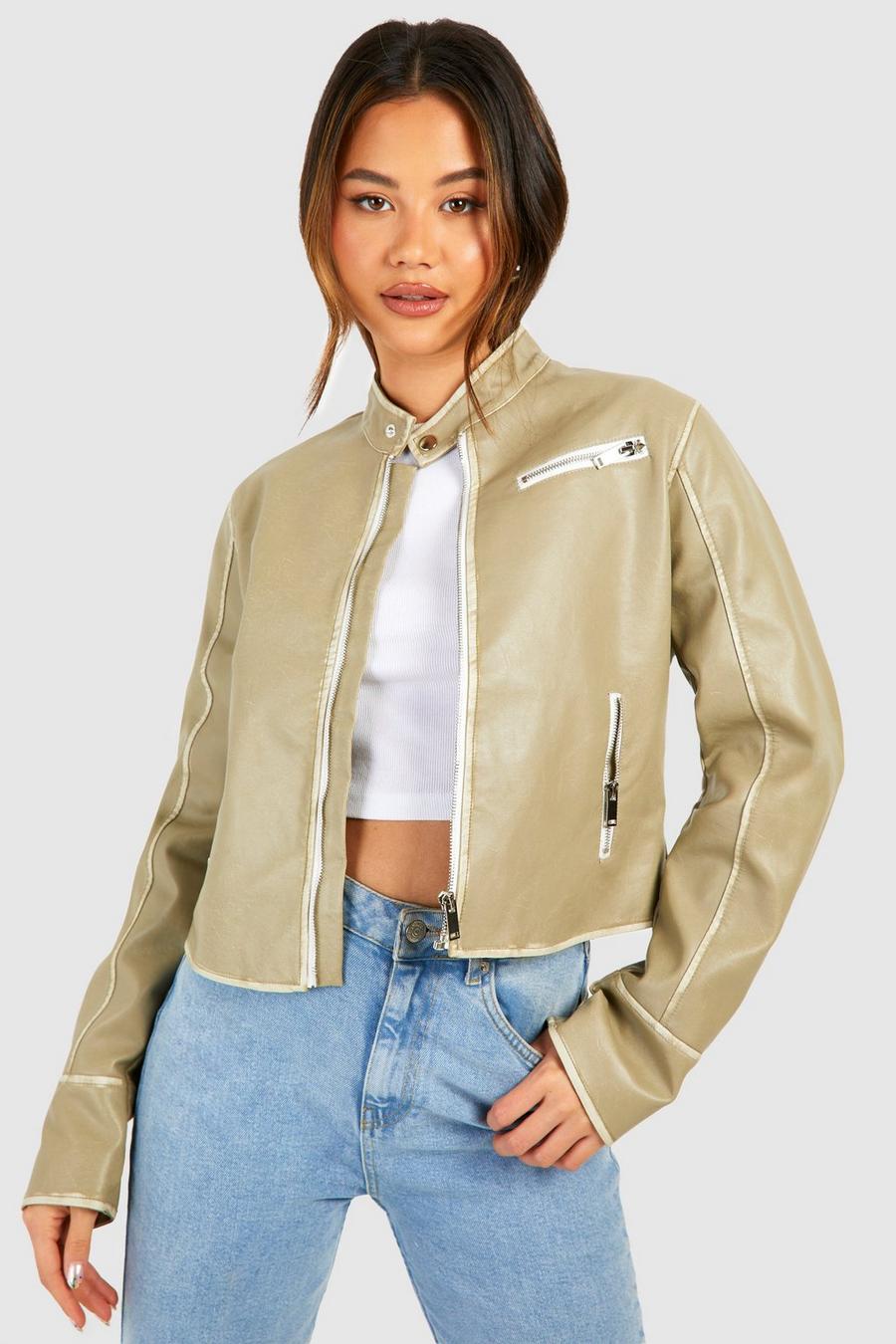 Washed khaki Fitted Moto Vintage Look Faux Leather Jacket 