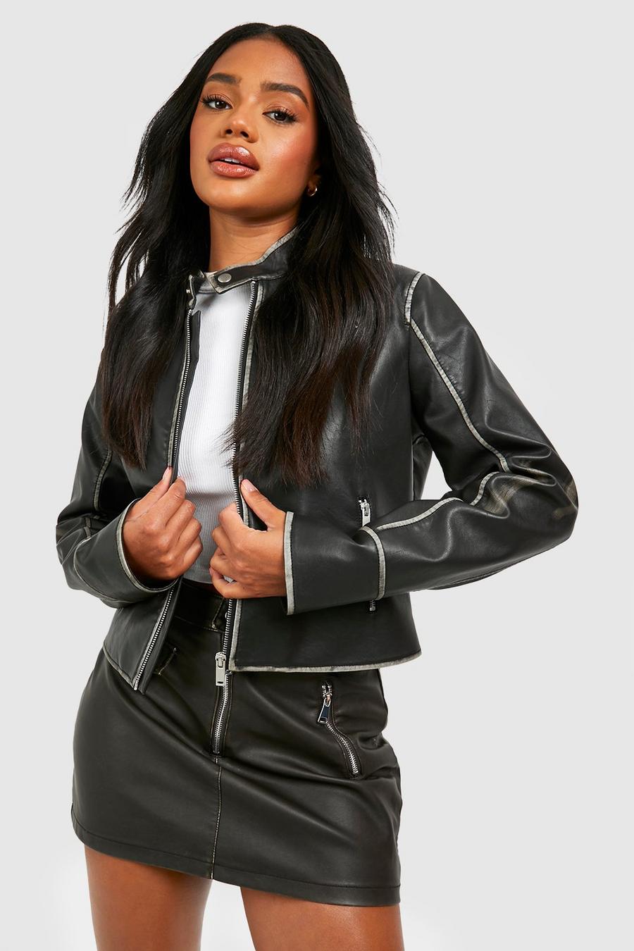 Black Fitted Moto Vintage Look Faux Leather Jacket 