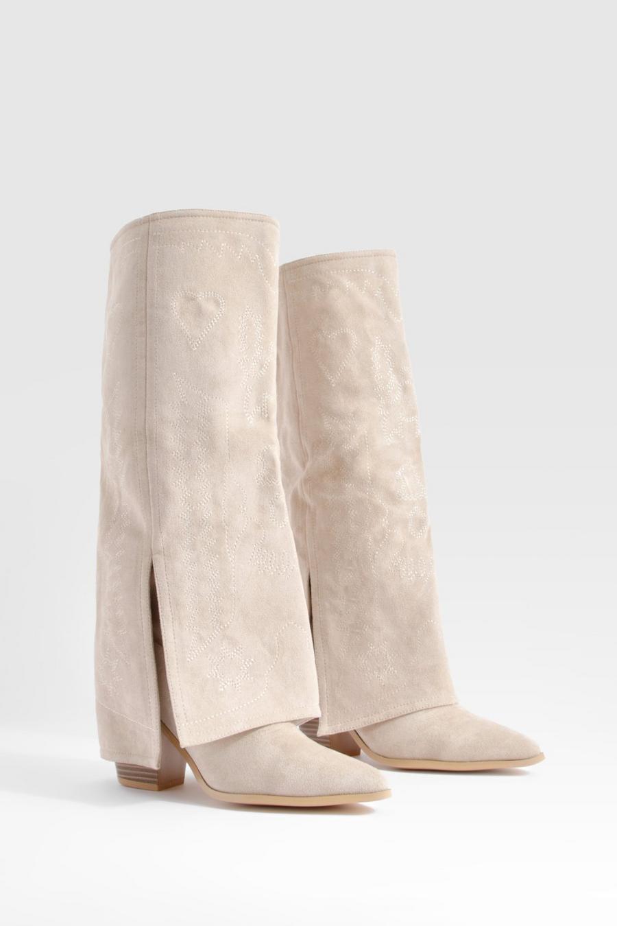 Sand Wide Fit Foldover Western Knee High Boots 