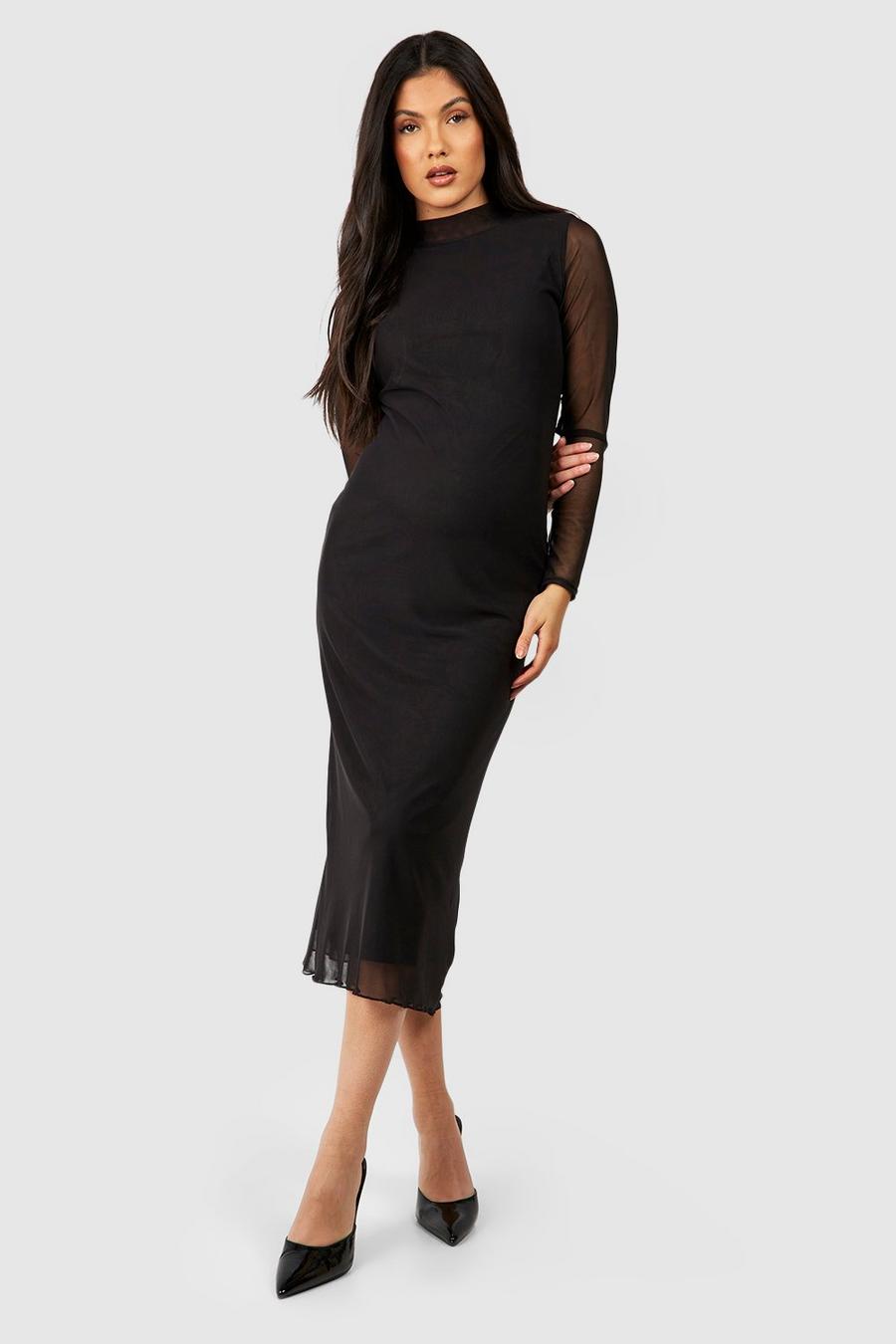 Black Maternity High Neck Mesh Midi Dress