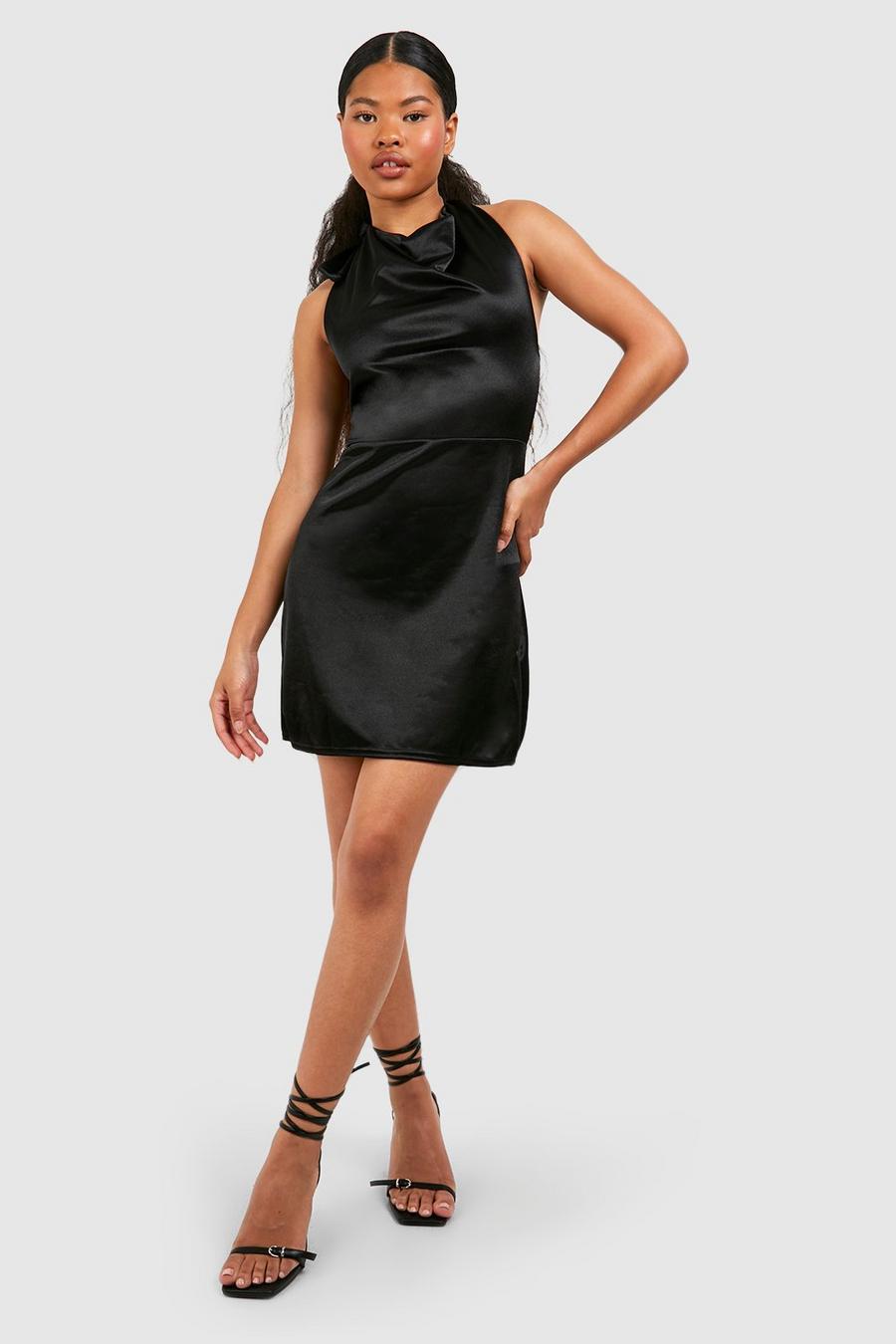 Black Petite Satin Cowl Neck Mini Dress