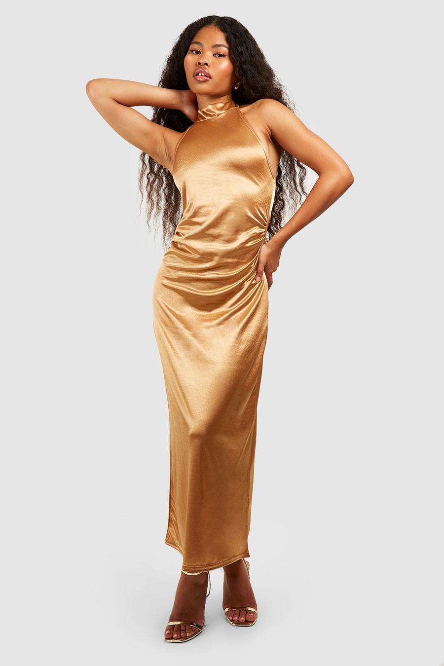 Gold Petite Satin High Neck Midaxi Dress