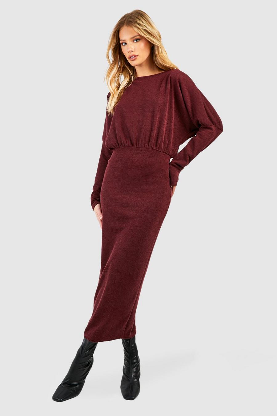 Wine Long Sleeve Knit Midi Dress