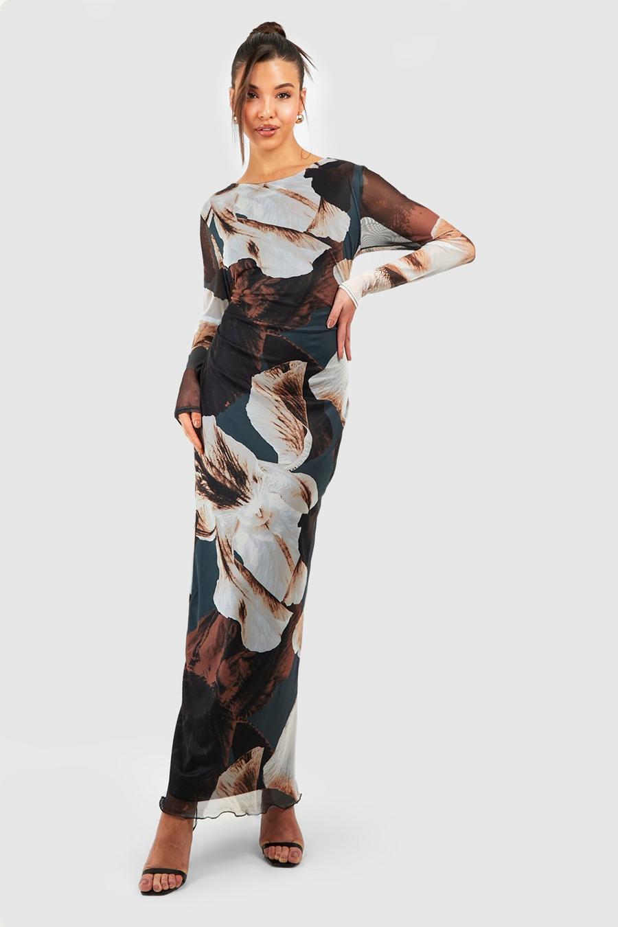 Brown Abstract Floral Mesh Maxi Dress image number 1