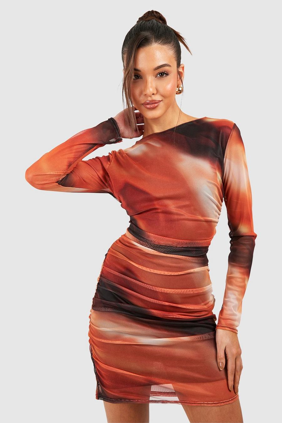 Brown Ruched Mesh Ombre Mini Dress