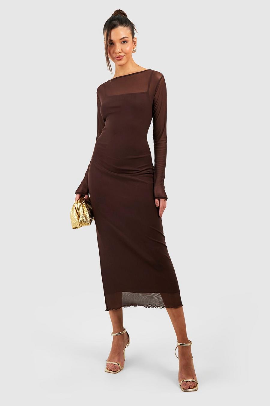 Brown Sheer Mesh Contrast Midi Dress image number 1