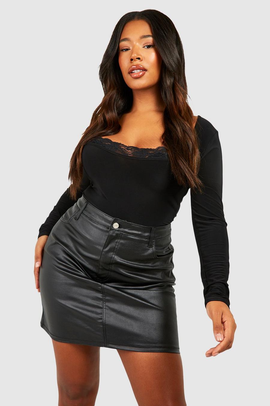 Black Plus Lace Detail Long Sleeve Bodysuit  image number 1