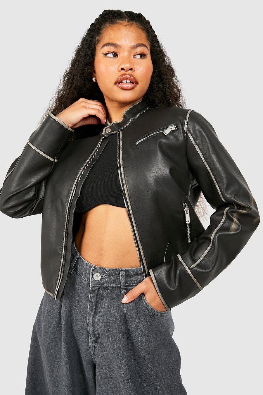 Black Petite Fitted Moto Vintage Look Faux Leather Jacket 