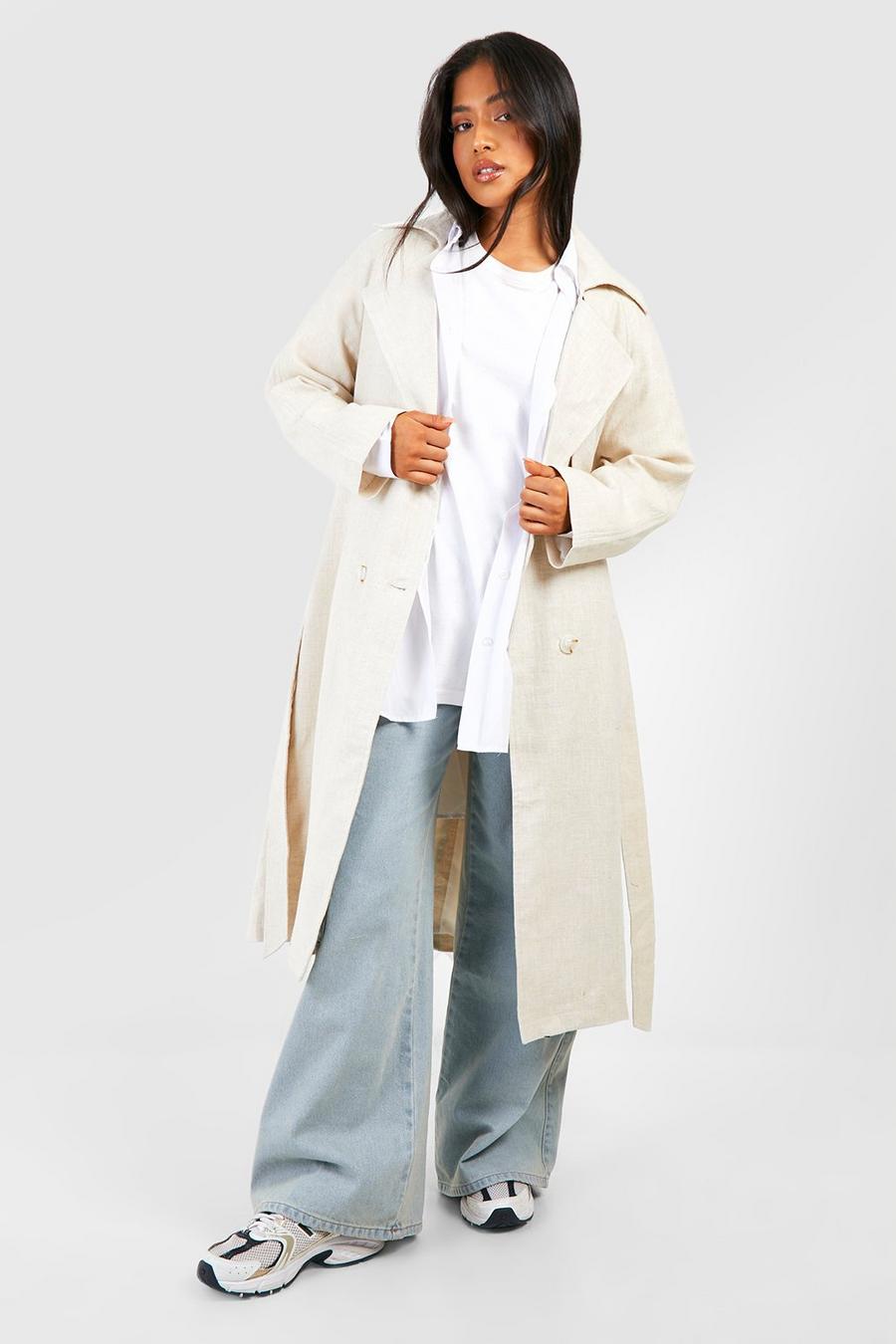 Natural Petite Linen Look Belted Trench Coat