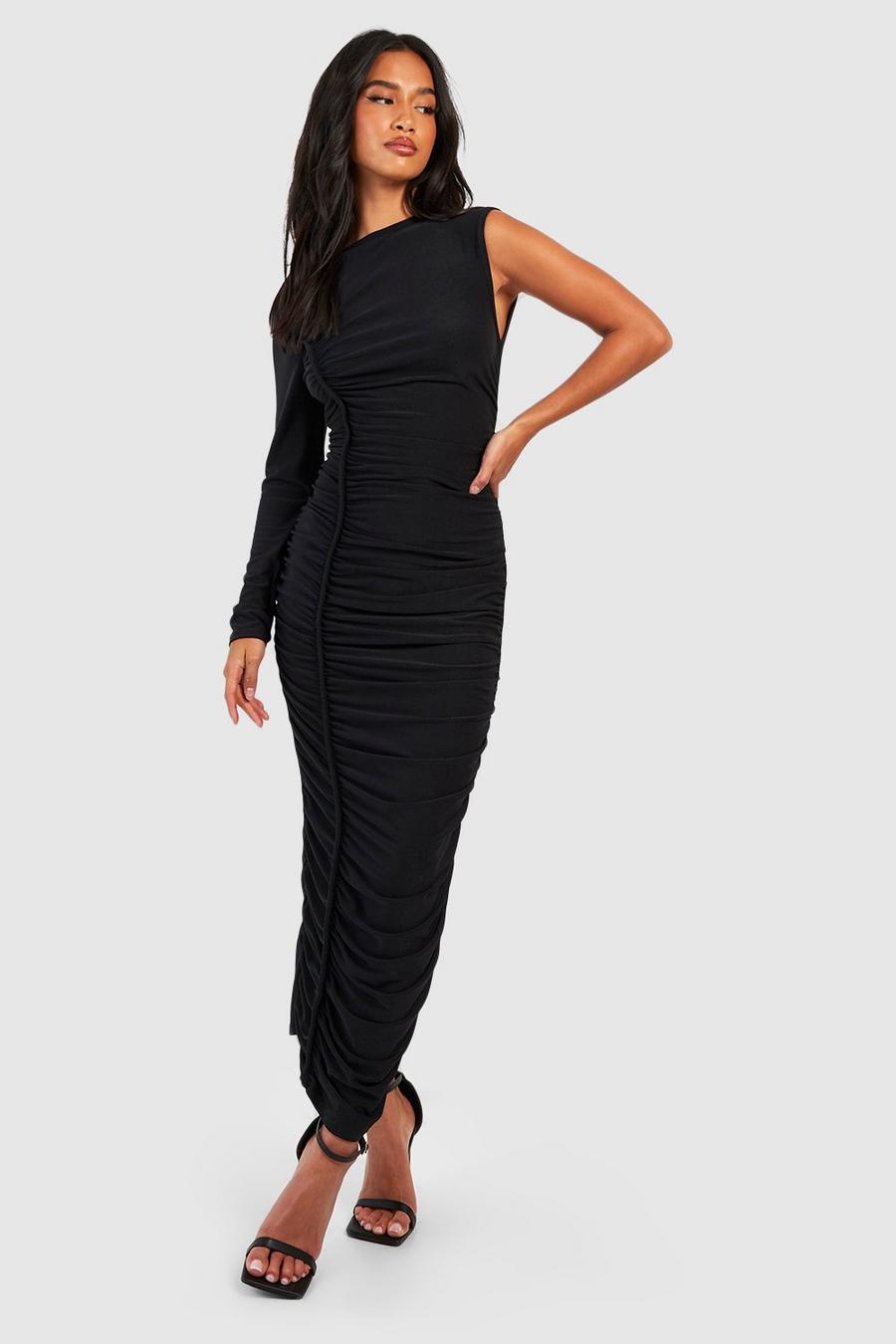 Black Petite One Sleeve Side Ruched Midi Dress