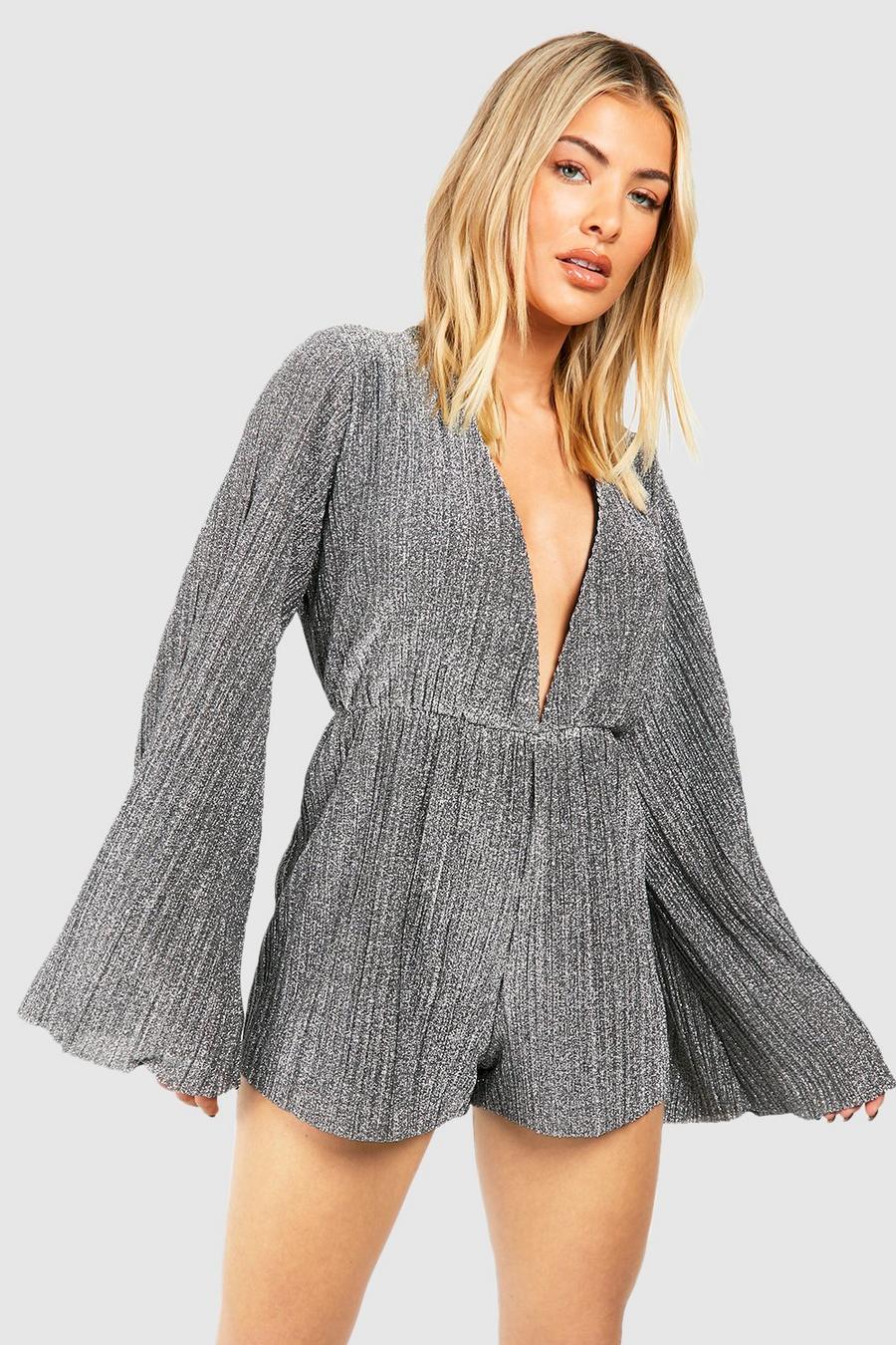 Silver Plunge Flare Sleeve Glitter Plisse Playsuit